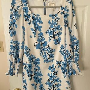 Sail to Sable White and Blue Puff Sleeve Sundress